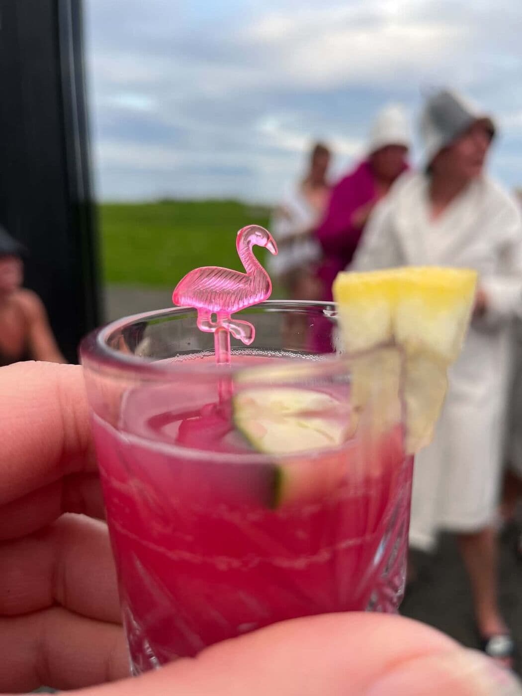 Bleikur drykkur með flamingóhræru, gestir í sloppum